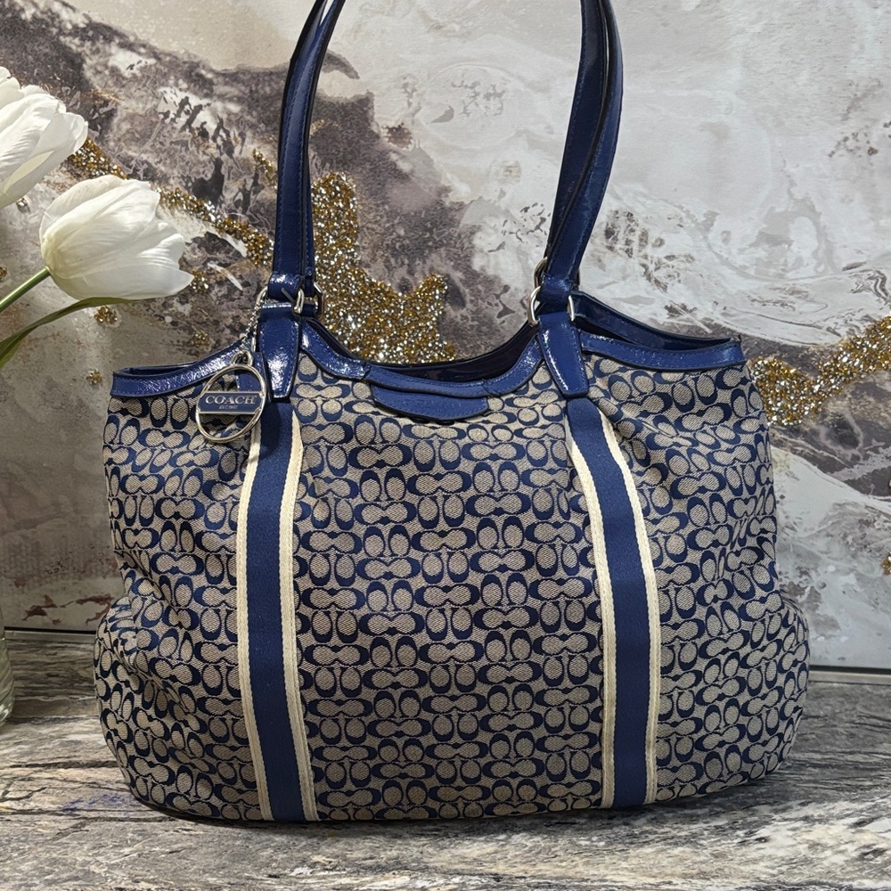 Coach Navy and Beige Signature Shoulder Bag